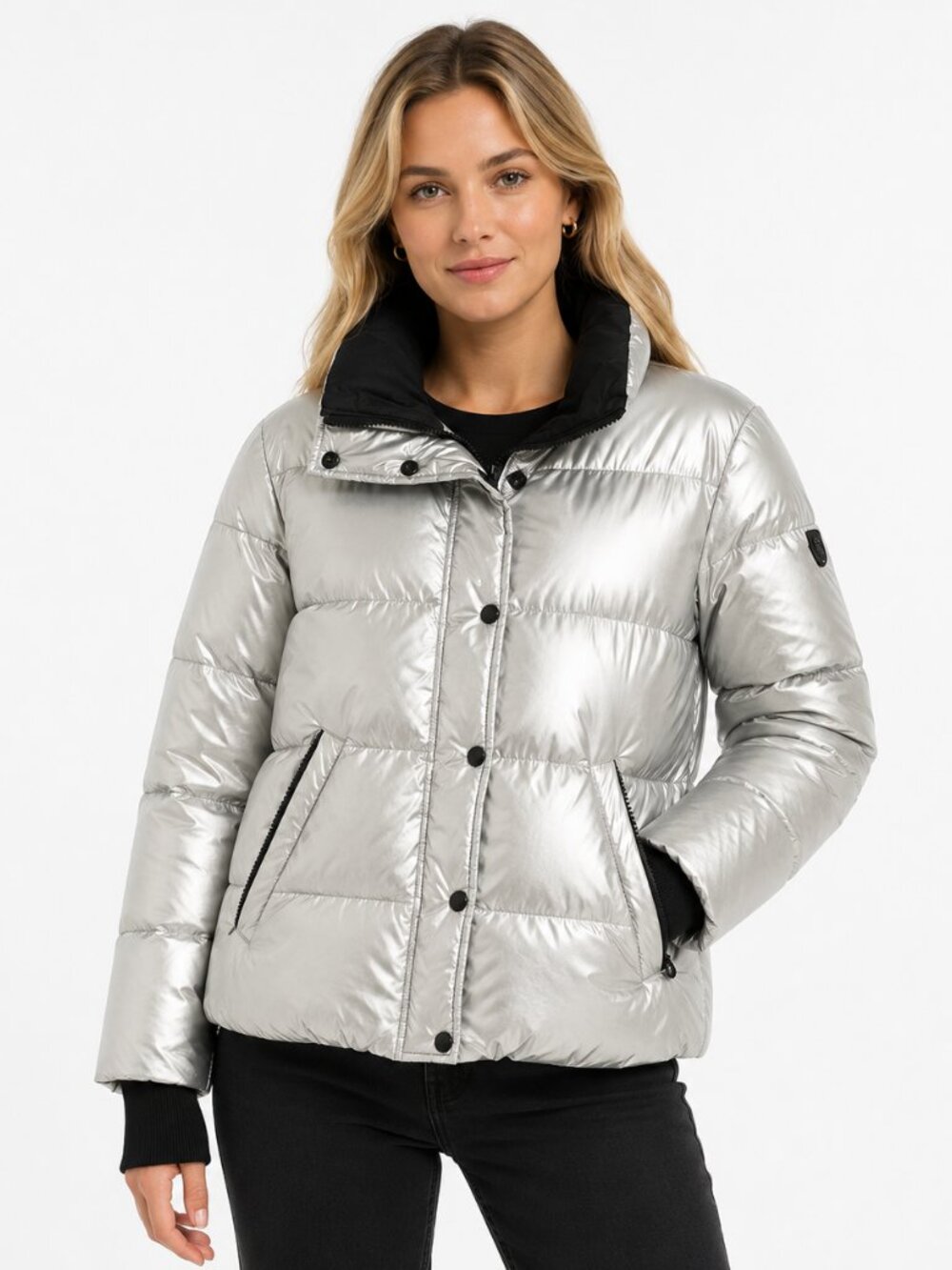 NOIZE Metallic Silver 'Coco' Cropped Puffer Jacket | Small (S/P)